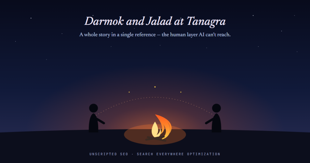 Two figures share a story by firelight — Darmok and Jalad at Tanagra, evoking the human layer AI cannot reach