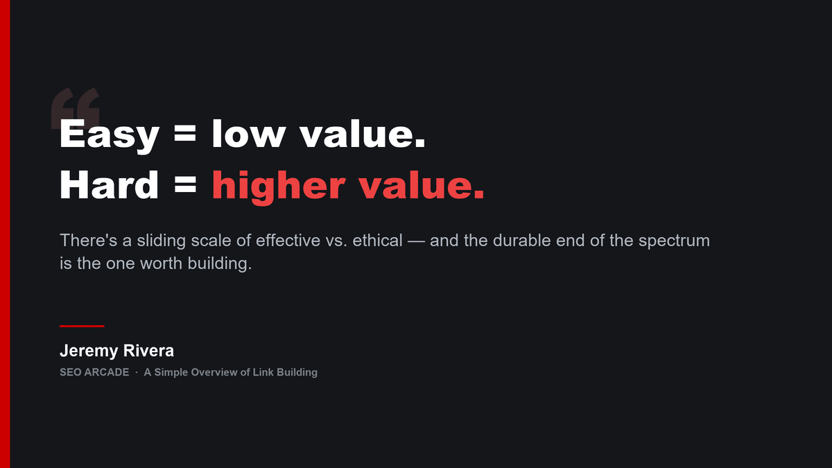 Quote graphic reading: Easy equals low value, hard equals higher value; there's a sliding scale of effective versus ethical. Attributed to Jeremy Rivera, SEO Arcade.