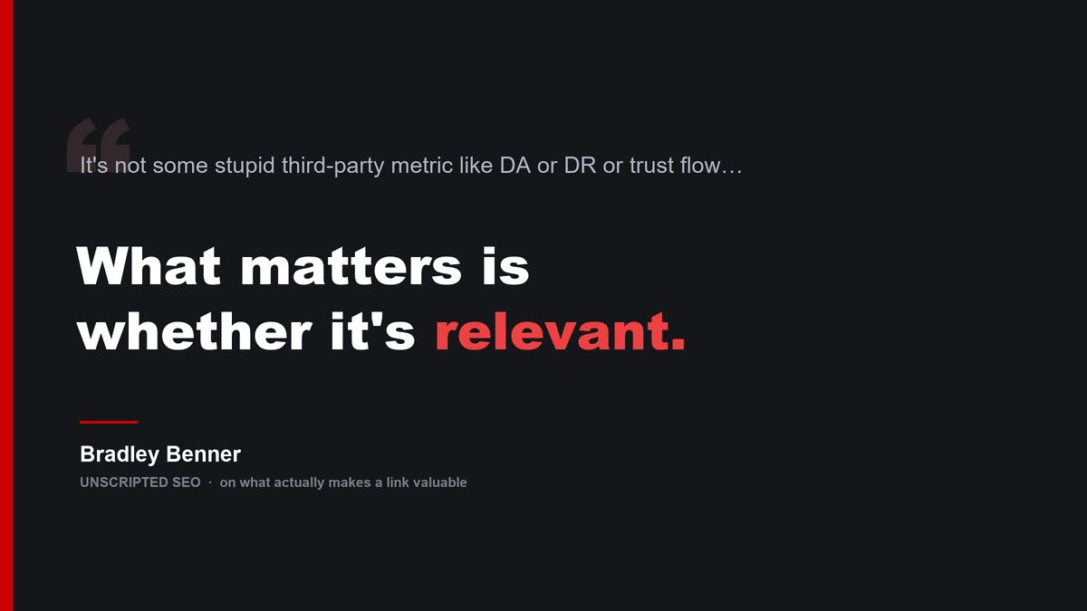 Quote graphic: It's not some stupid third-party metric like DA or DR or trust flow; what matters is whether it's relevant. Bradley Benner, Unscripted SEO.