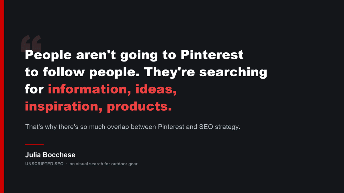 Quote graphic: People aren't going to Pinterest to follow people, they're searching for information, ideas, inspiration, products; that's why there's so much overlap between Pinterest and SEO strategy. Julia Bocchese, Unscripted SEO.