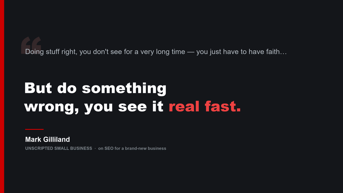 Quote graphic: Doing SEO right, you don't see results for a very long time and you have to have faith; but do something wrong and you see it real fast. Mark Gilliland, Unscripted Small Business.