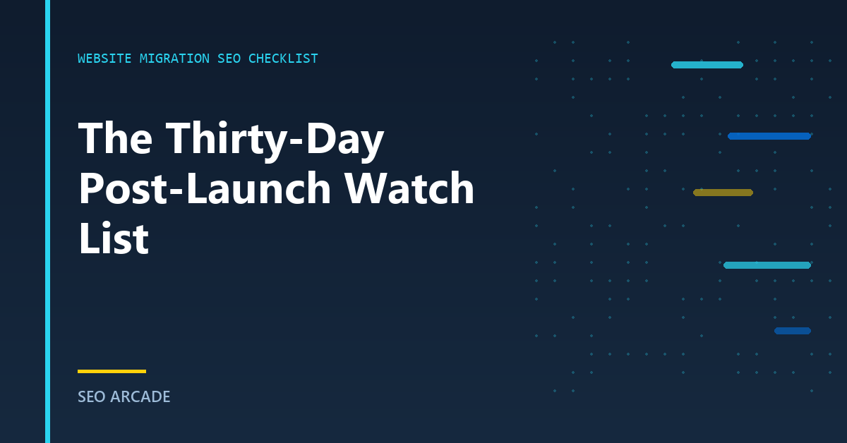 A monitoring dashboard tracking indexation, crawl errors, Core Web Vitals and organic revenue in the month after a migration.