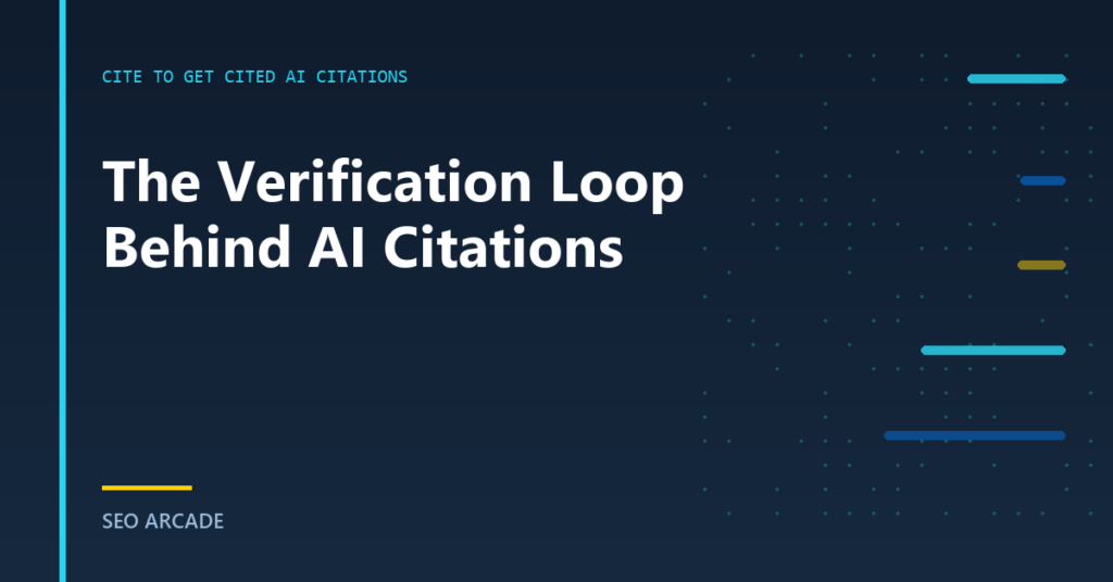 A circular flow diagram showing a claim, its named source, a crawler verifying the match, and the resulting citation back to the page.