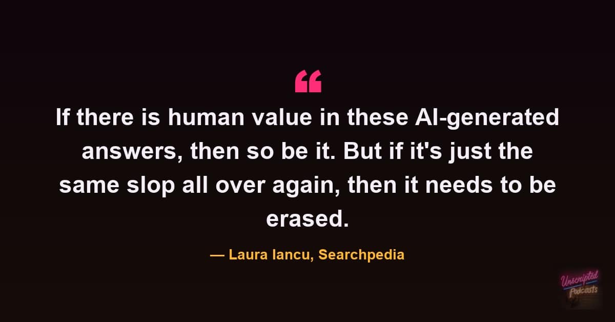 Quote card: Laura Iancu on AI-generated answers that are the same slop all over again